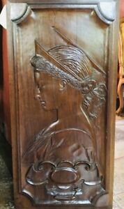 Antique Neoclassical Bas Relief Goddess Solid Mahogany Panel Crown Woman Engrave