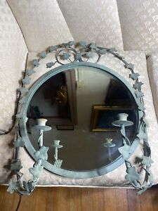 Art Nouveau Wall Mirror With Metal Leaves And Candle Holders 20 W X 8 D X 23 H