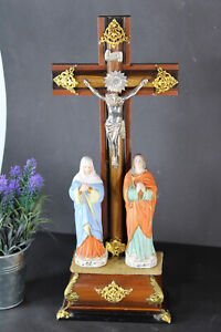 Antique French Calvary Crucifix Porcelain Magdalena Johannes Figurine