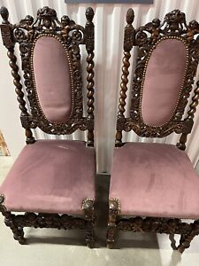 Antique Victorian Jacobean English Oak Circa 1860 Carved Set Of 2 Chairs Cherub