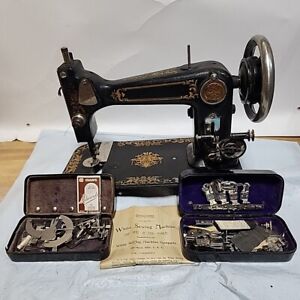1886 National Vindec Treadle Sewing Machine Attachments White Case Bobber Thread