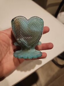 Degenhart Glass Blue Slag Heart Collectible Toothpick Holder Vtg Glows
