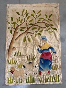 Fine Antique Early Old 18th C American Folk Art Embroidery Tapestry Wow