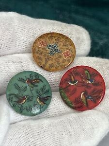 Vtg Lot X 3 Clam Broth Glass Buttons With Little Hand Painted Birds Flowers
