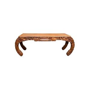 Vintage Floral Relief Carving Brown Rectangular Curve Legs Coffee Table Ws3598