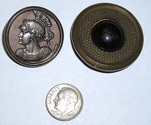 Antique 2 Large Buttons Metal Greek Soldier Metal W Cabachon Glass Insert