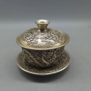 Chinese Silver Plated Dragon Phoenix Covered Bowl Set Old Style Tea Bowl