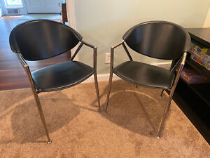 Pair Of Calligaris Italian Black Leather And Chrome Arm Chairs Vintage 90s