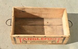 Vintage Tanglefoot Fly Paper Advertising Wood Crate Dovetailed W Metal Handles