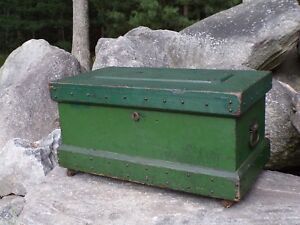 Antique Primitive Oak Chest Original Green Paint Smaller Trunk Box Great Decor