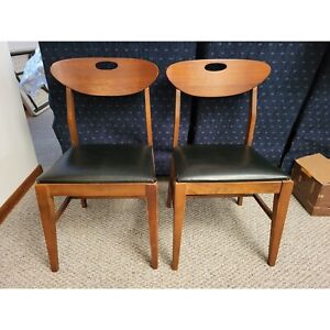 2 Vtg Dining Chairs Mid Century Danish Modern Wood Black Leather Seats 1960s
