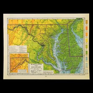 Vintage Maryland Map Wall Art Topographic Original 1920s Antique Delaware