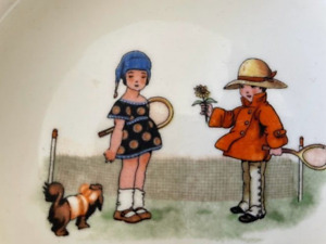 Antique Child S Baby Dish Bowl Tennis Dog Bold Colors Polka Dot Dress Girl 5 5 