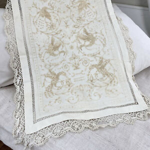65x22 Masterpiece Hand Embroidered Embroidery Table Runner Linen Lace Unique Ha