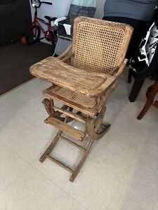 Antique Vintage Solid Wood Mechanical Convertible High Chair Rocker Woven Cane