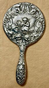 Art Nouveau Loves Dream Sterling Silver Unger Style Mirror 9 H By 5 Inches Wide