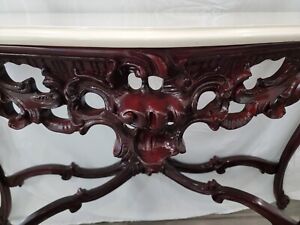 Louis French Wall Console Server Mahogany Wood With Cream Marble Top