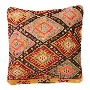 Handmade Exquisite Turkish Vintage Kilim Pillow Cover 16x16 Inv8026 