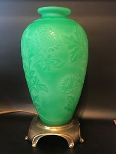 Steuben Acid Etched Green Glass Vase Mounted As Lamp 14 H