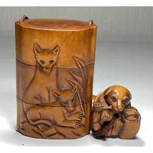 Inro Brown Dog Familiy Netsuke Leaf Tree Ojime Wood Carved Tool Box Japanese