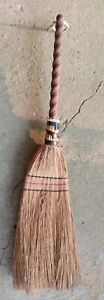 Vtg Handmade Artisan Woven Straw Hearth Broom Twisted Wood Handle 33 