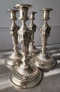 1870 Signed Set 4 English Victorian R S Garrard Sterling Silver Candlesticks