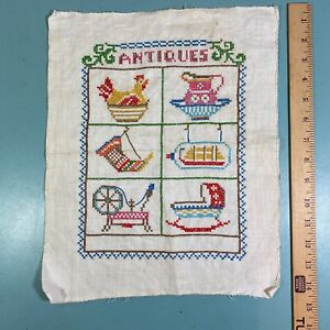 Vintage Linen Needlepoint Antiques Handmade Multi Color Embroidery 12 X 14 