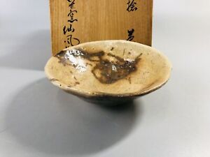 Y7090 Chawan Hagi Ware Flat Bowl Signed Box Japan Antique Tea Ceremony Teacup
