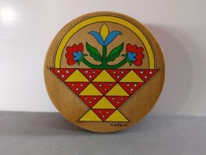 Vintage 6 Wood Round Cheese Box Folk Art Hand Painted Signed M Wulff 1982