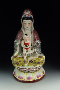 Chinese Antique Famille Rose Porcelain Kuanyin Buddha Statue