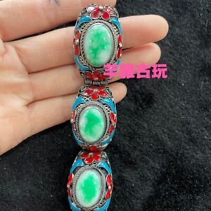 Old Chinese Tibet Silver Enamel Inlay Green Jade Handmade Bracelet 528