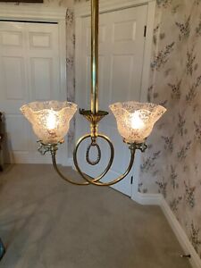 Antique 2 Armed Brass Hanging Lamp Light Chandelier W Clear Etched Shades