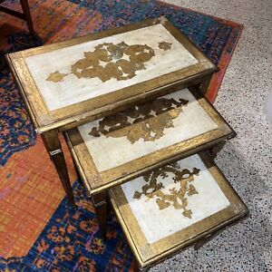 3 Vintage Italian Italy Hollywood Regency Florentine Wood Nesting Tables