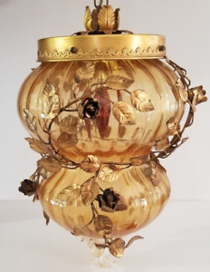 Vintage Italian Venetian Antique Murano Art Glass Chandelier Tole Lantern Swag