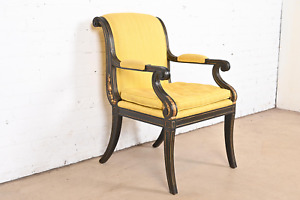 Baker Furniture Style Regency Ebonized And Gold Gilt Armchair