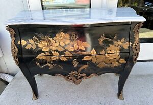 Antique French Louis Xv Style Chinoiserie Laquered Commode Bronze Marble Top