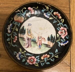 Antique 1800s Chinese Enamel With People And Roses Scene Dish Plate