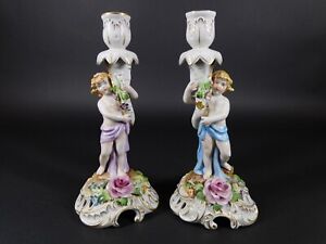 Pair Antique Von Schierholz Dresden Porcelain Putti Flowers Candleholders 10 5 