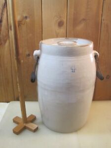 Antique 4 Gallon Stoneware Crock Butter Churn With Lid Dasher B7281