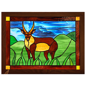 Vtg Leaded Stained Glass Window Panel Antelope 25 75 X19 6 Framed As Is Read