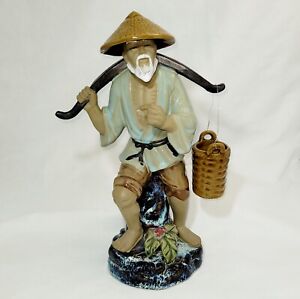 13 Tall Shiwan Chinese Mudman Figurine Of Old Fisherman Carrying Water