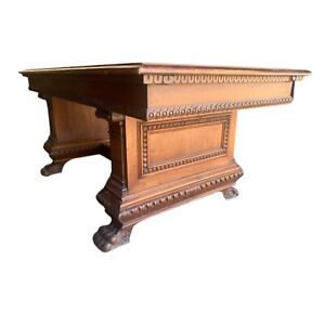 Desk Library Table Renaissance Style Carved Walnut Paw Foot Vintage 