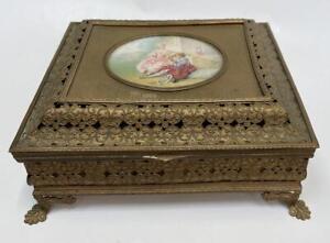 Antique Austrian Music Box Ornate Brass Case Hand Painted Romantic Couple Lined