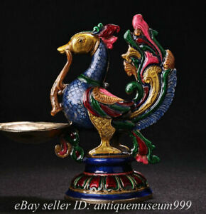 8 Old Chinese Bronze Gilt Inlay Gem Enamel Cloisonne Phoenix Lamp Statue