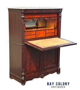Antique Biedermeier Mahogany Satinwood Secretary Abattant Desk With Marble Top
