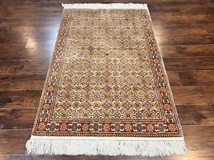 Turkish Kayseri Silk Rug 4x6 Handmade Vintage Fine Oriental Allover Cream Carpet