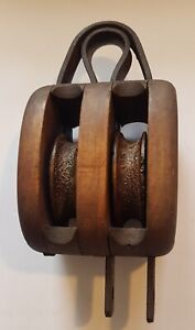 Vintage Ship Double Rope Wooden Pulley Block N Tackle Collectors Item 