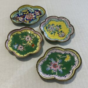 Lot Of 4 Chinese Canton Enamel Small Plates Antique Vintage Hand Painted Flowers