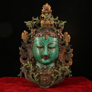 11 Old Tibetan Bronze Turquoise Gemstone Green Tara Godness Kwan Yin Mask Masks