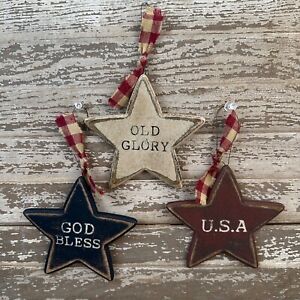 Set Of 3 Primitive 5 Wooden Patriotic Words Star Ornaments Bowl Fillers